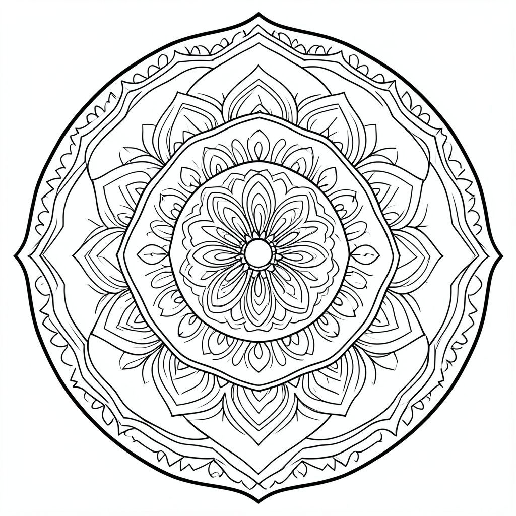 Mandala with mandala within mandala layers, ultra detailed concentric circles, black outline only”