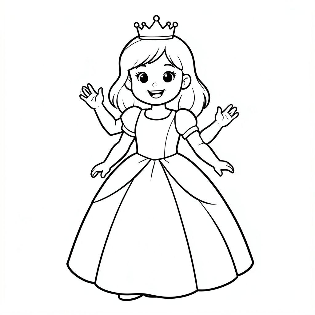 Cute smiling princess waving, wearing a simple flowing gown and small crown, standing pose, clean bold outline, large empty background, coloring book line art, child-friendly style