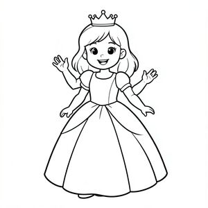 Cute smiling princess waving, wearing a simple flowing gown and small crown, standing pose, clean bold outline, large empty background, coloring book line art, child-friendly style