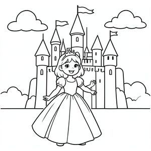 A cheerful young princess standing in front of a large fairytale castle, wearing a flowing gown and small crown, waving happily. The castle has simple towers, flags, and clouds in the background. Clean bold outlines, minimal background detail. size 8.5 inch to 8.5inch.
Bold, clean outlines with consistent line weight.
 Large, open spaces for easy coloring.
 Simple backgrounds with minimal details like stars, flowers, hearts, or sparkles.
 No shading, no grayscale, no color.
 No text, words, letters, or numbers.
 Avoid overly detailed or realistic designs.
Art Style:
Bold and easy
