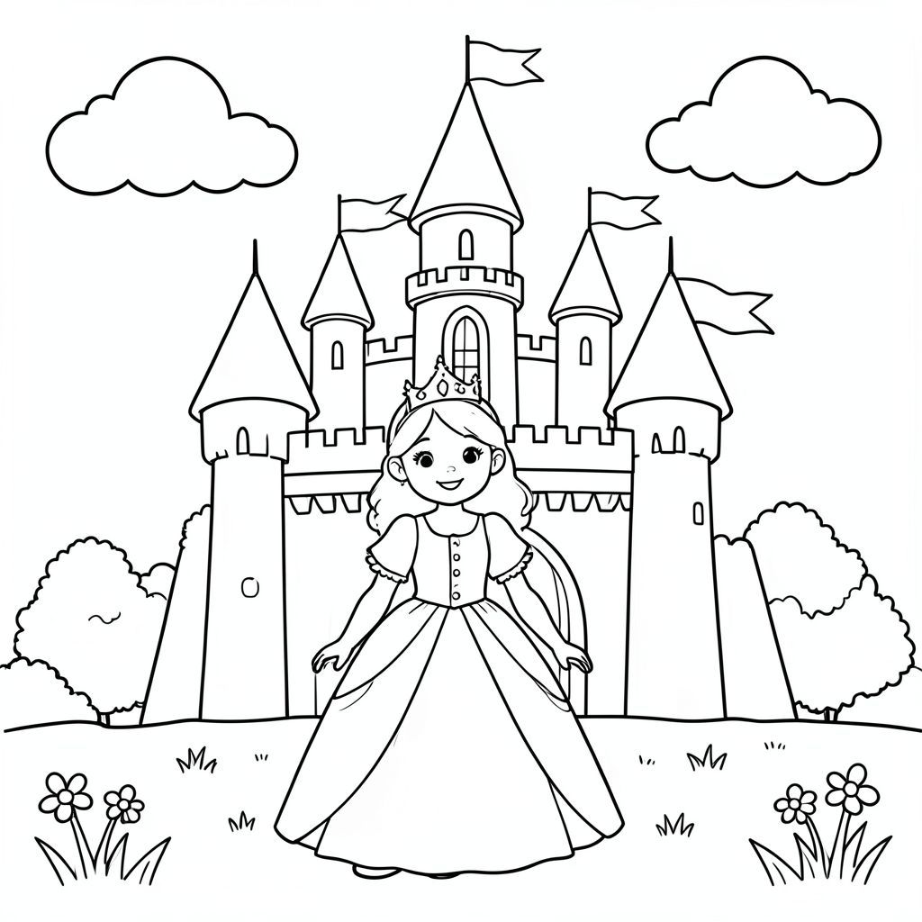 A cute young princess standing in front of a big fairytale castle, smiling, wearing a simple crown and flowing gown. The castle has round towers, heart-shaped flags, and fluffy clouds in the sky. Simple grass and flowers at the bottom.