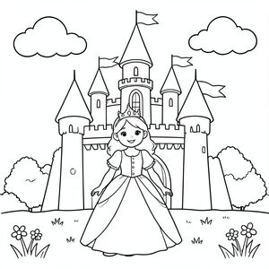 A cute young princess standing in front of a big fairytale castle, smiling, wearing a simple crown and flowing gown. The castle has round towers, heart-shaped flags, and fluffy clouds in the sky. Simple grass and flowers at the bottom.
