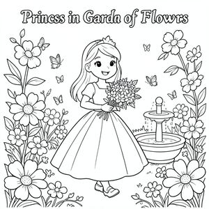Tittle : Princess in Garden of Flowers

A happy princess walking in a magical garden filled with large simple flowers, butterflies, and a small fountain. She is holding a flower bouquet and wearing a light, elegant dress.