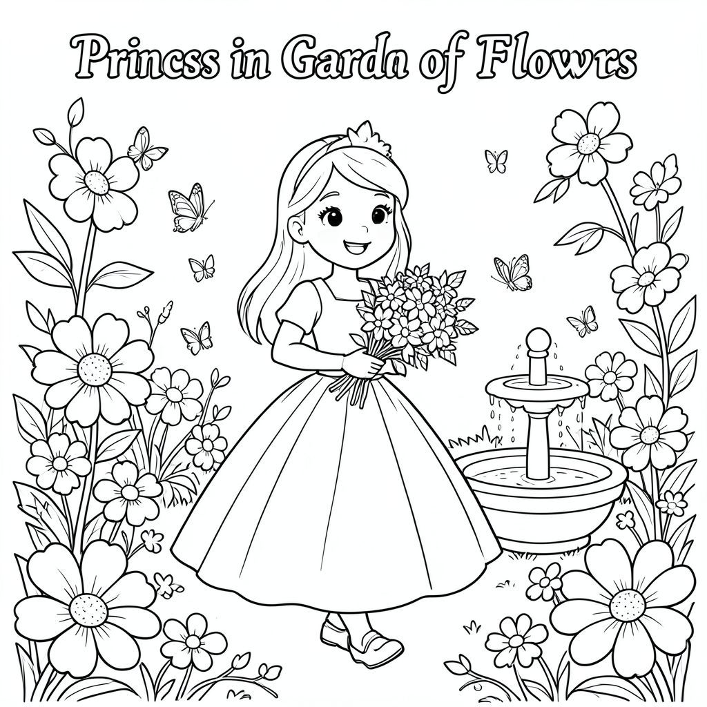 Tittle : Princess in Garden of Flowers

A happy princess walking in a magical garden filled with large simple flowers, butterflies, and a small fountain. She is holding a flower bouquet and wearing a light, elegant dress.