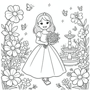 A happy princess walking in a magical garden filled with large simple flowers, butterflies, and a small fountain. She is holding a flower bouquet and wearing a light, elegant dress.