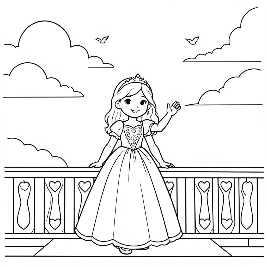 A princess standing on a castle balcony waving. Behind her is a large open sky with clouds and a few birds flying. Simple railing with heart designs.