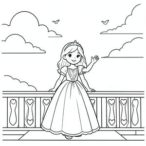 A princess standing on a castle balcony waving. Behind her is a large open sky with clouds and a few birds flying. Simple railing with heart designs.