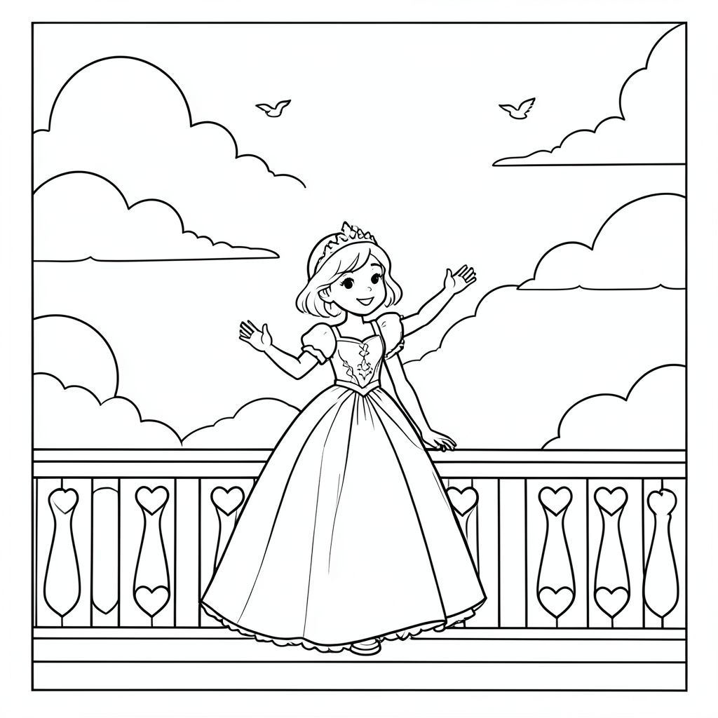 Princess on Balcony

A princess standing on a castle balcony waving. Behind her is a large open sky with clouds and a few birds flying. Simple railing with heart designs.