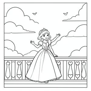 Princess on Balcony

A princess standing on a castle balcony waving. Behind her is a large open sky with clouds and a few birds flying. Simple railing with heart designs.