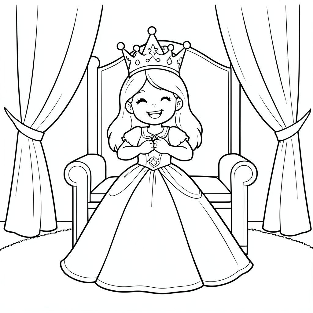 A joyful moment where a princess is being gently crowned with a shiny crown. A simple throne room background with curtains and soft carpet.