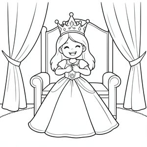 A joyful moment where a princess is being gently crowned with a shiny crown. A simple throne room background with curtains and soft carpet.