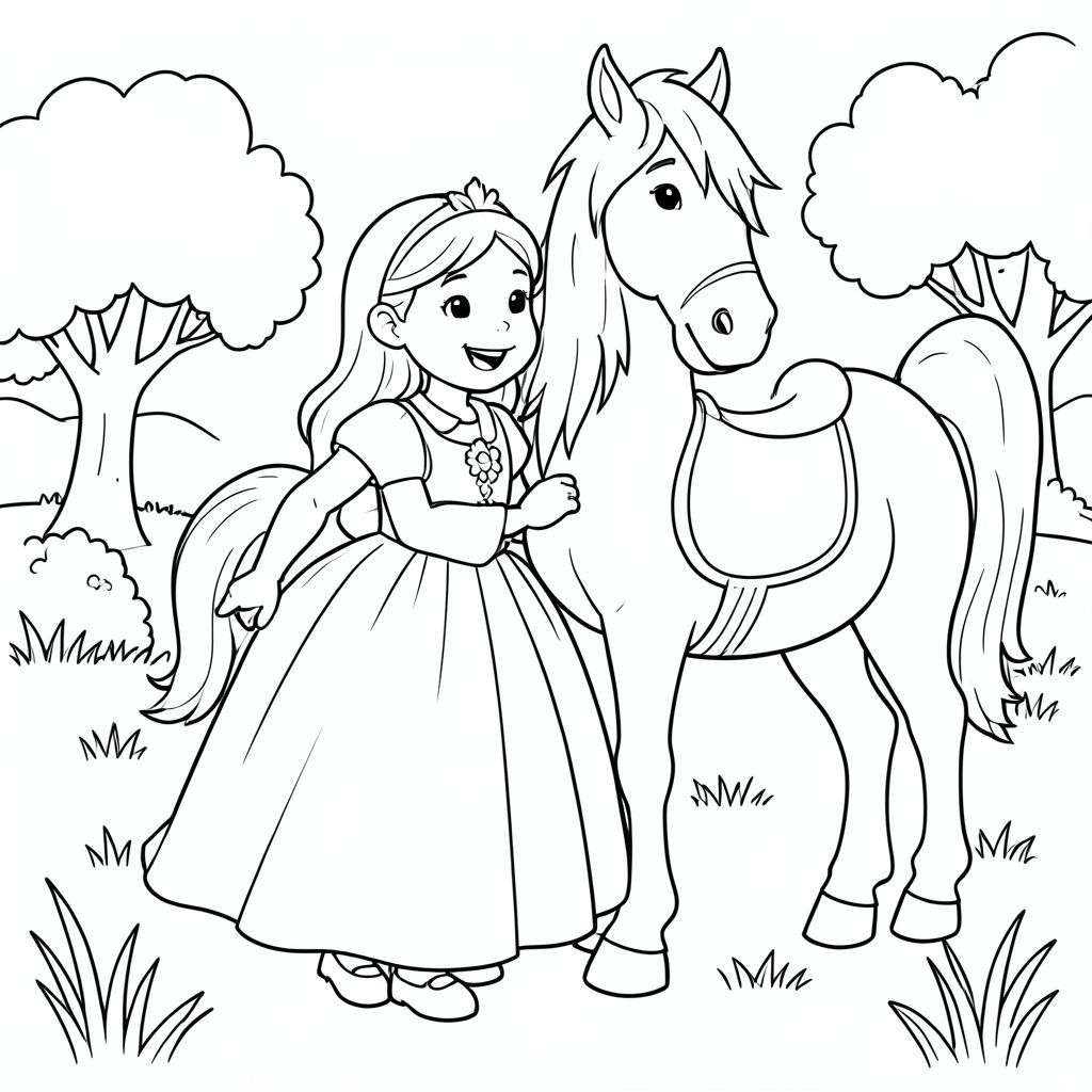 A princess smiling beside a friendly horse. The horse is calm and cute, with a simple saddle. Background: open meadow with a few trees.