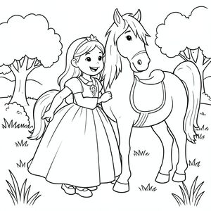 A princess smiling beside a friendly horse. The horse is calm and cute, with a simple saddle. Background: open meadow with a few trees.