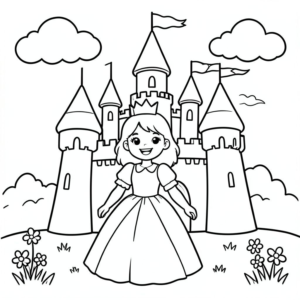 A cute young princess standing in front of a big fairytale castle, smiling, wearing a simple crown and flowing gown. The castle has round towers, heart-shaped flags, and fluffy clouds in the sky. Simple grass and flowers at the bottom.

Style Rules:
Bold thick outlines
Simple background (no clutter)
One main character per page
Cute, happy, friendly expressions
Easy shapes for kids to color
