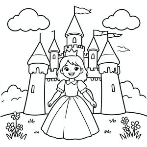 A cute young princess standing in front of a big fairytale castle, smiling, wearing a simple crown and flowing gown. The castle has round towers, heart-shaped flags, and fluffy clouds in the sky. Simple grass and flowers at the bottom.

Style Rules:
Bold thick outlines
Simple background (no clutter)
One main character per page
Cute, happy, friendly expressions
Easy shapes for kids to color