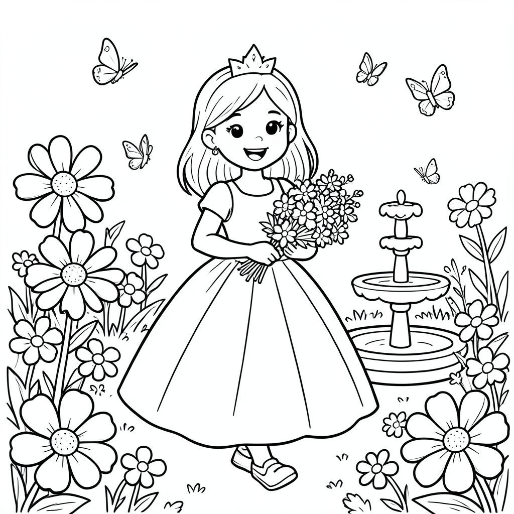 A happy princess walking in a magical garden filled with large simple flowers, butterflies, and a small fountain. She is holding a flower bouquet and wearing a light elegant dress.

Style Rules:
Bold thick outlines
Simple background (no clutter)
One main character per page
Cute, happy, friendly expressions
Easy shapes for kids to color