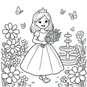 A happy princess walking in a magical garden filled with large simple flowers, butterflies, and a small fountain. She is holding a flower bouquet and wearing a light elegant dress.

Style Rules:
Bold thick outlines
Simple background (no clutter)
One main character per page
Cute, happy, friendly expressions
Easy shapes for kids to color