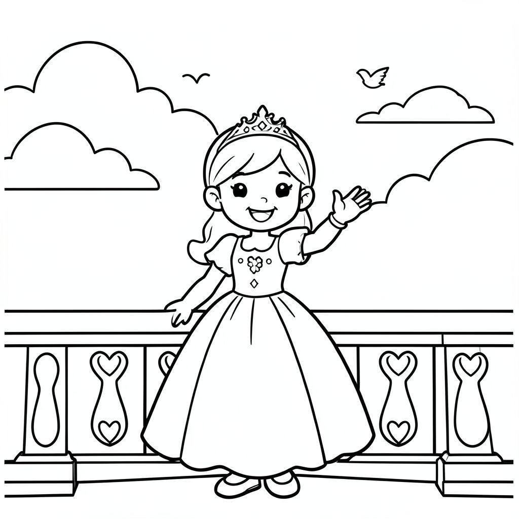 A princess standing on a castle balcony waving happily. Behind her is a large open sky with soft clouds and a few birds flying. Simple railing with heart designs.

Style Rules:
Bold thick outlines
Simple background (no clutter)
One main character per page
Cute, happy, friendly expressions
Easy shapes for kids to color