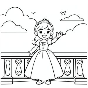 A princess standing on a castle balcony waving happily. Behind her is a large open sky with soft clouds and a few birds flying. Simple railing with heart designs.

Style Rules:
Bold thick outlines
Simple background (no clutter)
One main character per page
Cute, happy, friendly expressions
Easy shapes for kids to color