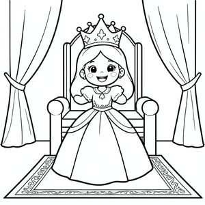 A joyful princess being gently crowned with a shiny crown during a ceremony. Simple throne room background with curtains and a royal carpet.

Style Rules:
Bold thick outlines
Simple background (no clutter)
One main character per page
Cute, happy, friendly expressions
Easy shapes for kids to color