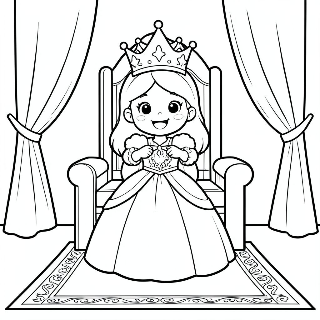 Prompt:
A joyful princess being gently crowned with a shiny crown during a ceremony. Simple throne room background with curtains and a royal carpet.

Style Rules (applied to every page):
Bold thick outlines
Simple background (no clutter)
One main character per page
Cute, happy, friendly expressions
Easy shapes for kids to color