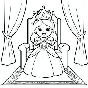 Prompt:
A joyful princess being gently crowned with a shiny crown during a ceremony. Simple throne room background with curtains and a royal carpet.

Style Rules (applied to every page):
Bold thick outlines
Simple background (no clutter)
One main character per page
Cute, happy, friendly expressions
Easy shapes for kids to color