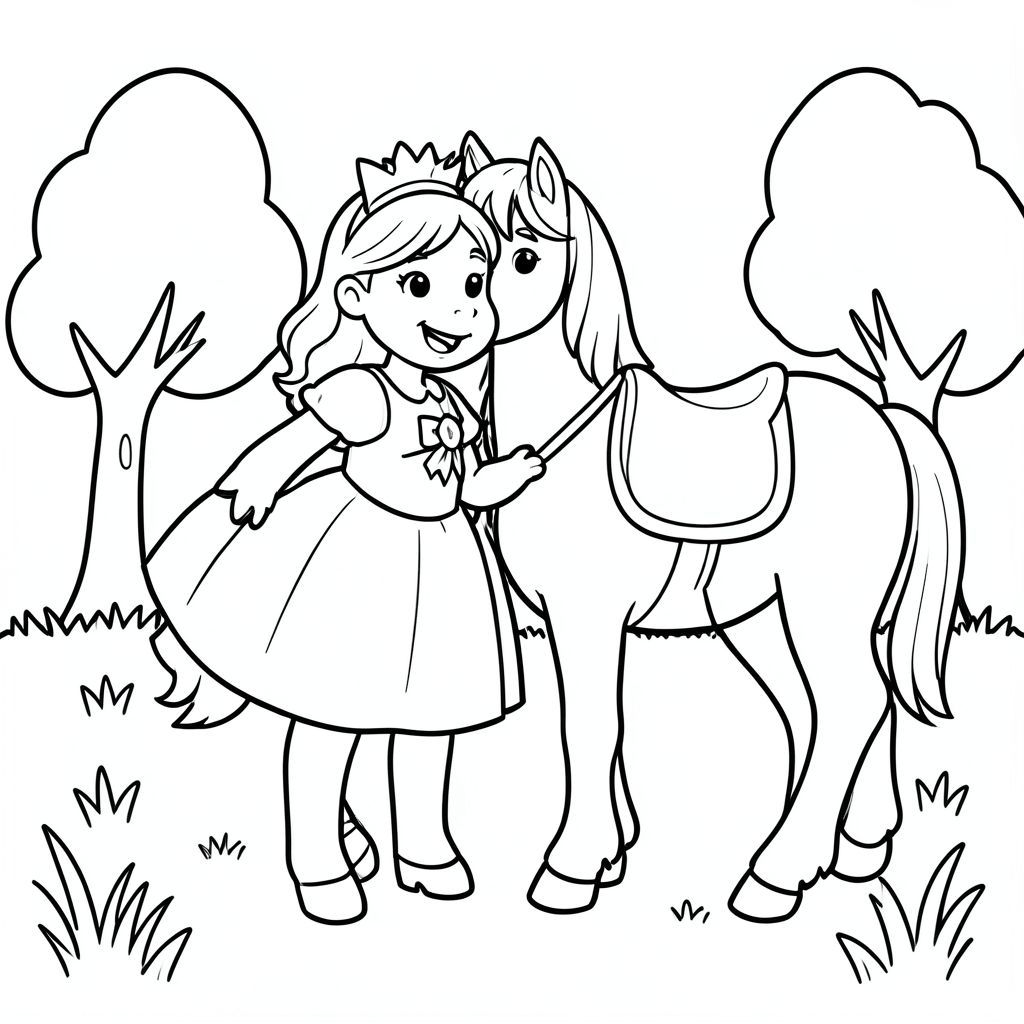 Prompt:
A princess smiling beside a friendly calm horse with a simple saddle. They are standing in an open meadow with a few simple trees.

Style Rules (applied to every page):
Bold thick outlines
Simple background (no clutter)
One main character per page
Cute, happy, friendly expressions
Easy shapes for kids to color