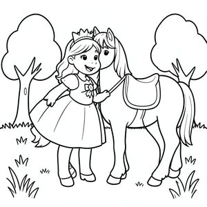 Prompt:
A princess smiling beside a friendly calm horse with a simple saddle. They are standing in an open meadow with a few simple trees.

Style Rules (applied to every page):
Bold thick outlines
Simple background (no clutter)
One main character per page
Cute, happy, friendly expressions
Easy shapes for kids to color