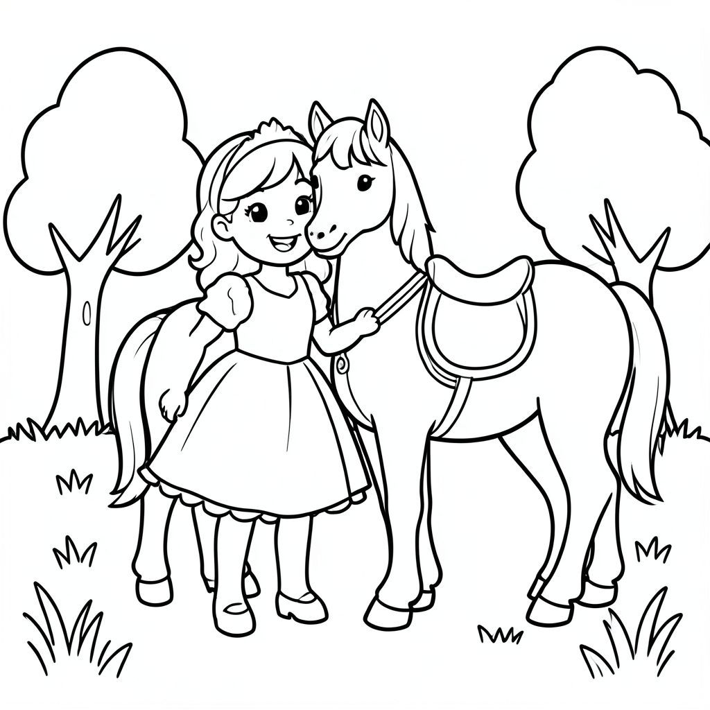
A princess smiling beside a friendly calm horse with a simple saddle. They are standing in an open meadow with a few simple trees.

Style Rules:
Bold thick outlines
Simple background (no clutter)
One main character per page
Cute, happy, friendly expressions
Easy shapes for kids to color