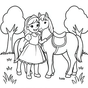 
A princess smiling beside a friendly calm horse with a simple saddle. They are standing in an open meadow with a few simple trees.

Style Rules:
Bold thick outlines
Simple background (no clutter)
One main character per page
Cute, happy, friendly expressions
Easy shapes for kids to color