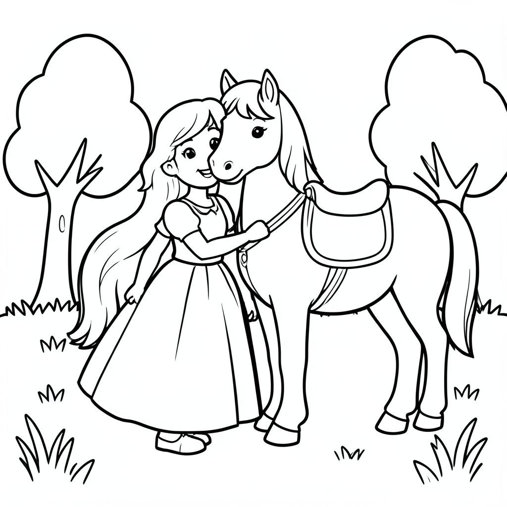 
A princess smiling beside a friendly calm horse with a simple saddle. They are standing in an open meadow with a few simple trees.

Style Rules:
Bold thick outlines
Simple background (no clutter)
Cute, happy, friendly expressions
Easy shapes for kids to color