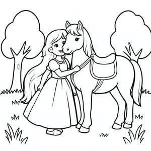 
A princess smiling beside a friendly calm horse with a simple saddle. They are standing in an open meadow with a few simple trees.

Style Rules:
Bold thick outlines
Simple background (no clutter)
Cute, happy, friendly expressions
Easy shapes for kids to color