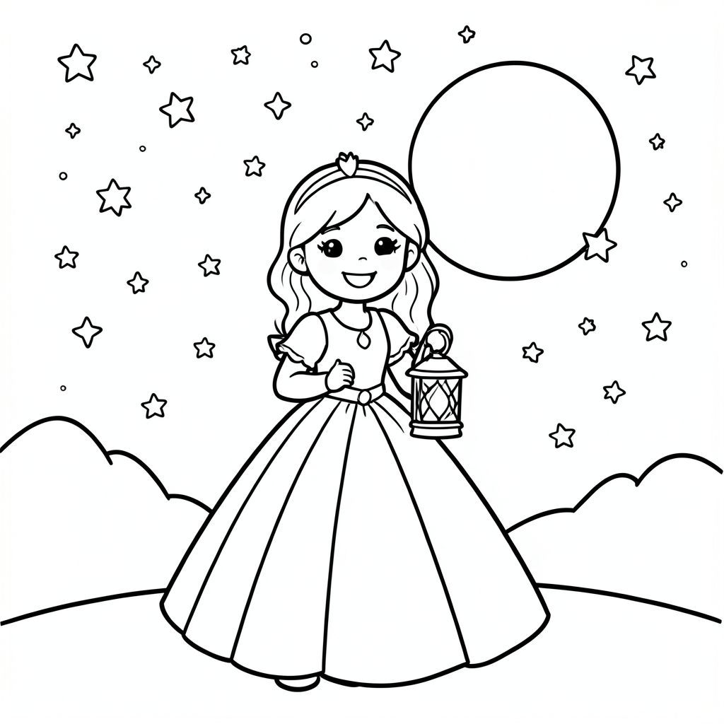 Prompt:
A princess standing under a magical night sky filled with stars and a big moon, holding a small lantern. Dreamy and peaceful simple scene.

Style Rules (applied to every page):
Bold thick outlines
Simple background (no clutter)
One main character per page
Cute, happy, friendly expressions
Easy shapes for kids to color