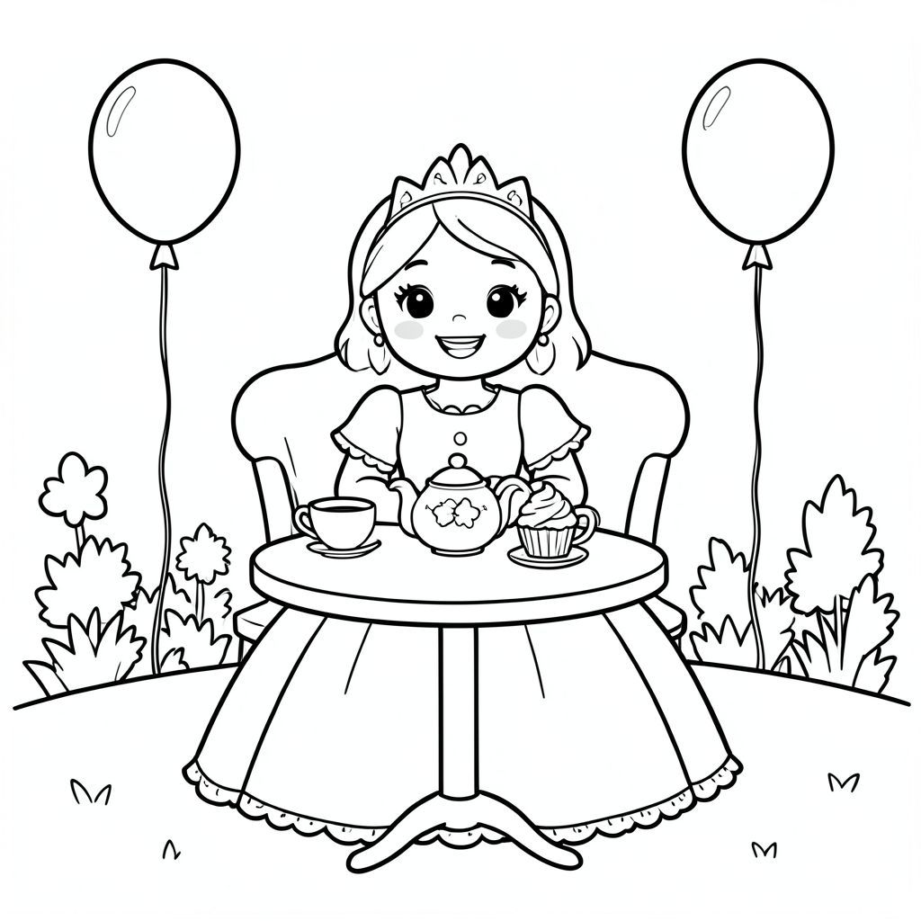 Prompt:
A princess sitting at a small tea table with teapot, cups, cupcakes, and simple balloons in the background. Garden setting kept very minimal.

Style Rules (applied to every page):
Bold thick outlines
Simple background (no clutter)
One main character per page
Cute, happy, friendly expressions
Easy shapes for kids to color