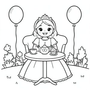 Prompt:
A princess sitting at a small tea table with teapot, cups, cupcakes, and simple balloons in the background. Garden setting kept very minimal.

Style Rules (applied to every page):
Bold thick outlines
Simple background (no clutter)
One main character per page
Cute, happy, friendly expressions
Easy shapes for kids to color