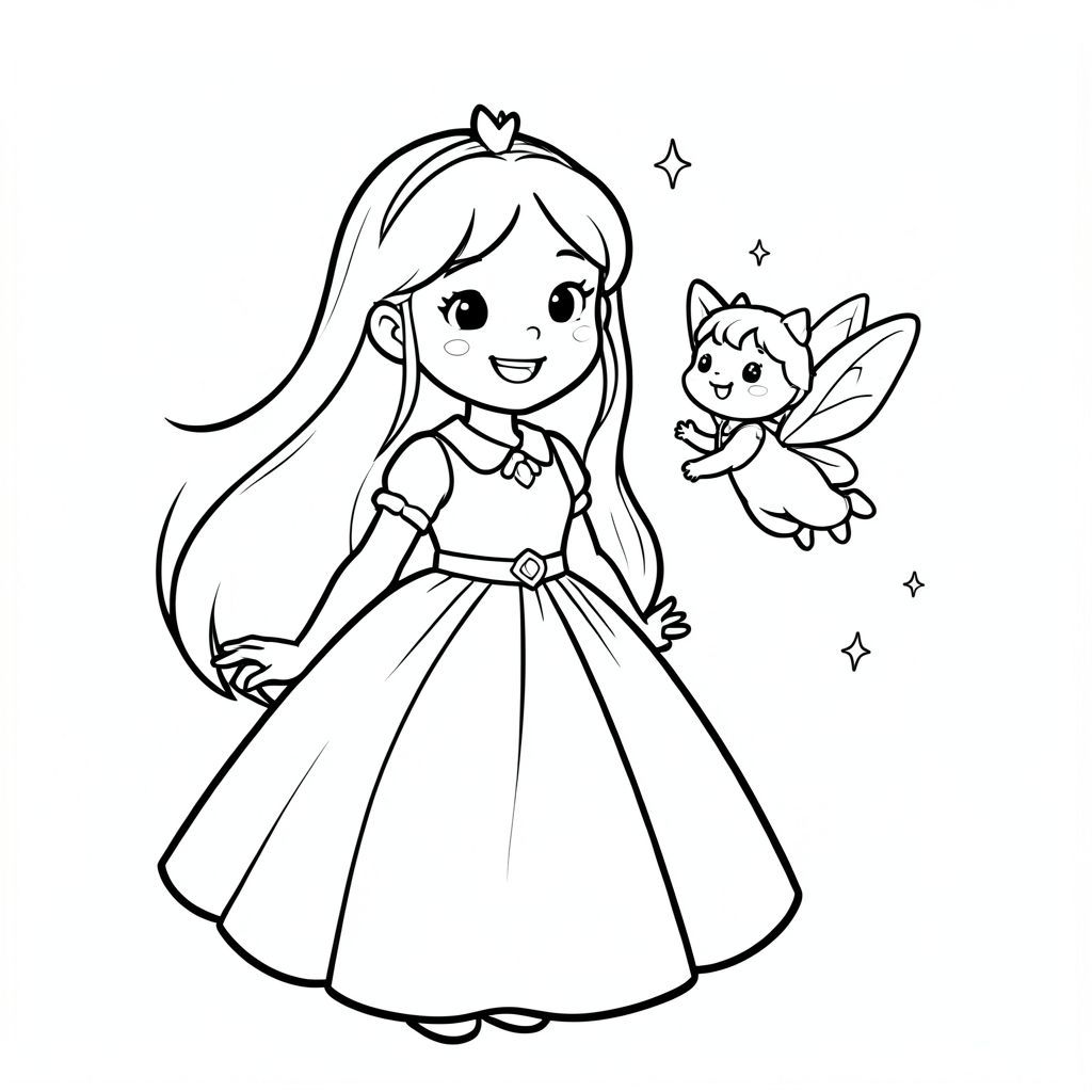 Prompt:
A princess smiling at a tiny cute fairy floating beside her with small sparkles. Simple enchanted glow background with minimal details.

Style Rules (applied to every page):
Bold thick outlines
Simple background (no clutter)
One main character per page
Cute, happy, friendly expressions
Easy shapes for kids to color