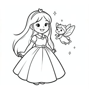 Prompt:
A princess smiling at a tiny cute fairy floating beside her with small sparkles. Simple enchanted glow background with minimal details.

Style Rules (applied to every page):
Bold thick outlines
Simple background (no clutter)
One main character per page
Cute, happy, friendly expressions
Easy shapes for kids to color