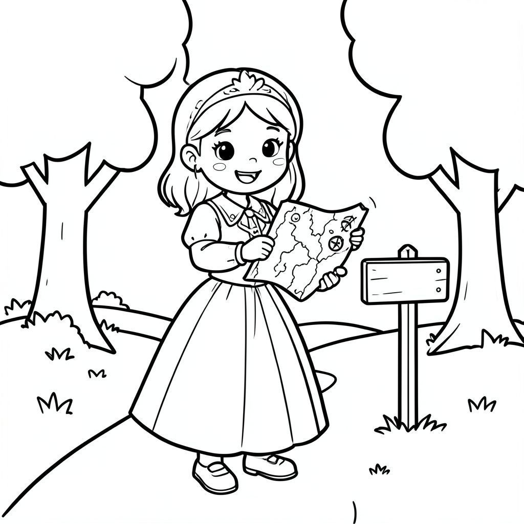 Prompt:
A brave princess holding a map and compass, standing near a simple forest path with a small signpost and basic trees.

Style Rules (applied to every page):
Bold thick outlines
Simple background (no clutter)
One main character per page
Cute, happy, friendly expressions
Easy shapes for kids to color