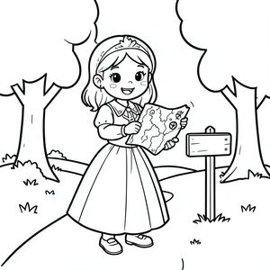 Prompt:
A brave princess holding a map and compass, standing near a simple forest path with a small signpost and basic trees.

Style Rules (applied to every page):
Bold thick outlines
Simple background (no clutter)
One main character per page
Cute, happy, friendly expressions
Easy shapes for kids to color