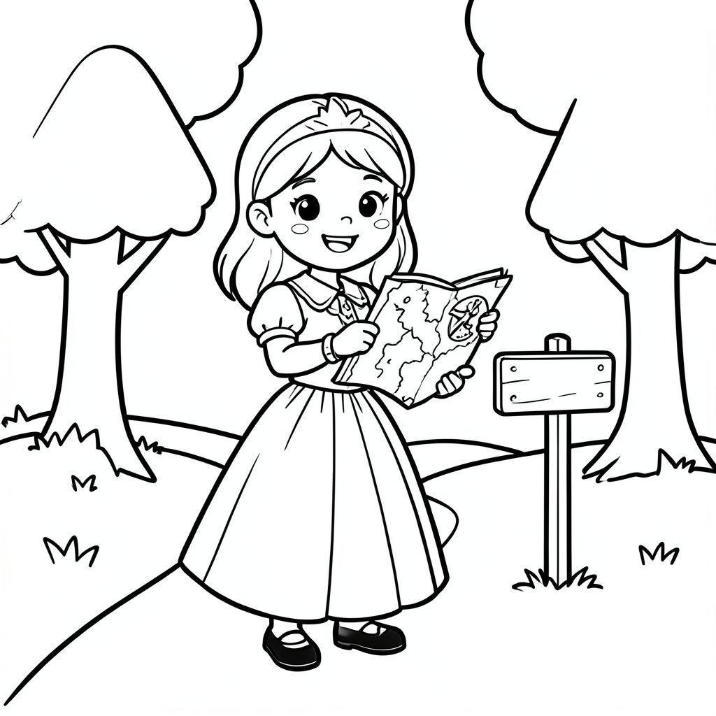 
A brave princess holding a map and compass, standing near a simple forest path with a small signpost and basic trees.

Style Rules (applied to every page):
Bold thick outlines
Simple background (no clutter)
One main character per page
Cute, happy, friendly expressions
Easy shapes for kids to color