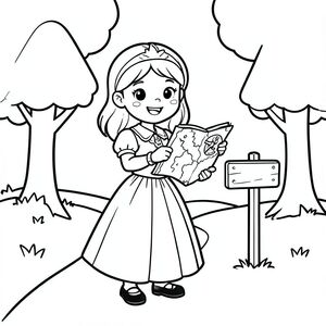 
A brave princess holding a map and compass, standing near a simple forest path with a small signpost and basic trees.

Style Rules (applied to every page):
Bold thick outlines
Simple background (no clutter)
One main character per page
Cute, happy, friendly expressions
Easy shapes for kids to color