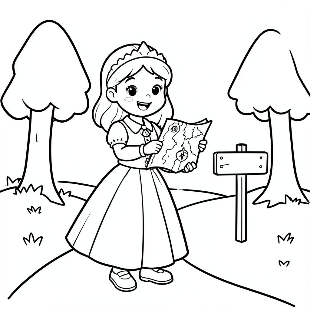 
A brave princess holding a map and compass, standing near a simple forest path with a small signpost and basic trees.

Style Rules:
Bold thick outlines
Simple background (no clutter)

Cute, happy, friendly expressions
Easy shapes for kids to color