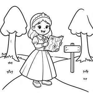 
A brave princess holding a map and compass, standing near a simple forest path with a small signpost and basic trees.

Style Rules:
Bold thick outlines
Simple background (no clutter)

Cute, happy, friendly expressions
Easy shapes for kids to color
