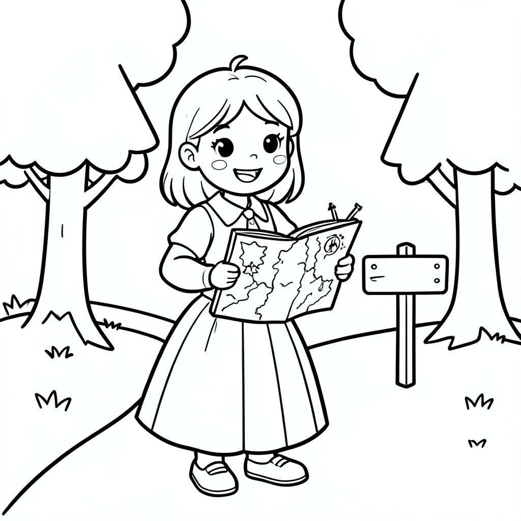 Prompt:
A brave princess holding a map and compass, standing near a simple forest path with a small signpost and basic trees. only 2 hands holding map

Style Rules (applied to every page):
Bold thick outlines
Simple background (no clutter)
One main character per page
Cute, happy, friendly expressions
Easy shapes for kids to color