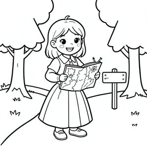 Prompt:
A brave princess holding a map and compass, standing near a simple forest path with a small signpost and basic trees. only 2 hands holding map

Style Rules (applied to every page):
Bold thick outlines
Simple background (no clutter)
One main character per page
Cute, happy, friendly expressions
Easy shapes for kids to color