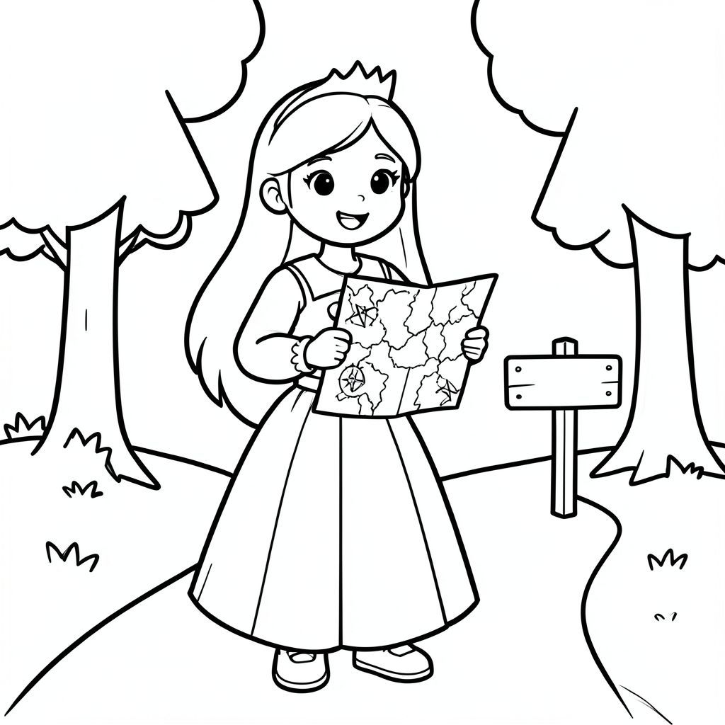 Prompt:
A brave princess holding a map and compass, standing near a simple forest path with a small signpost and basic trees. only 2 hands holding map, long princess hair

Style Rules (applied to every page):
Bold thick outlines
Simple background (no clutter)
One main character per page
Cute, happy, friendly expressions
Easy shapes for kids to color