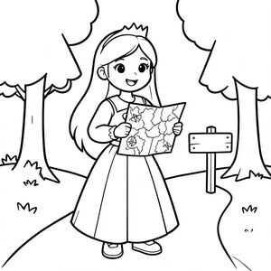 Prompt:
A brave princess holding a map and compass, standing near a simple forest path with a small signpost and basic trees. only 2 hands holding map, long princess hair

Style Rules (applied to every page):
Bold thick outlines
Simple background (no clutter)
One main character per page
Cute, happy, friendly expressions
Easy shapes for kids to color