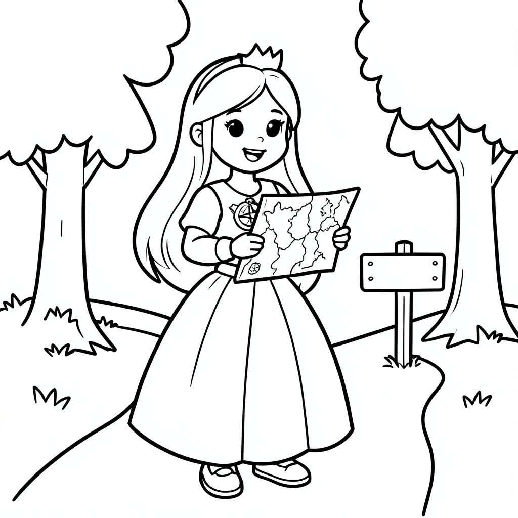 Prompt:
A brave princess holding a map and compass, standing near a simple forest path with a small signpost and basic trees. Only 2 hands holding map, long prinecss hair. princess dress

Style Rules (applied to every page):
Bold thick outlines
Simple background (no clutter)
One main character per page
Cute, happy, friendly expressions
Easy shapes for kids to color