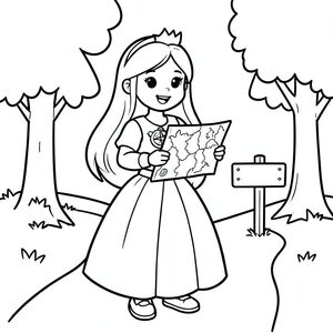 Prompt:
A brave princess holding a map and compass, standing near a simple forest path with a small signpost and basic trees. Only 2 hands holding map, long prinecss hair. princess dress

Style Rules (applied to every page):
Bold thick outlines
Simple background (no clutter)
One main character per page
Cute, happy, friendly expressions
Easy shapes for kids to color