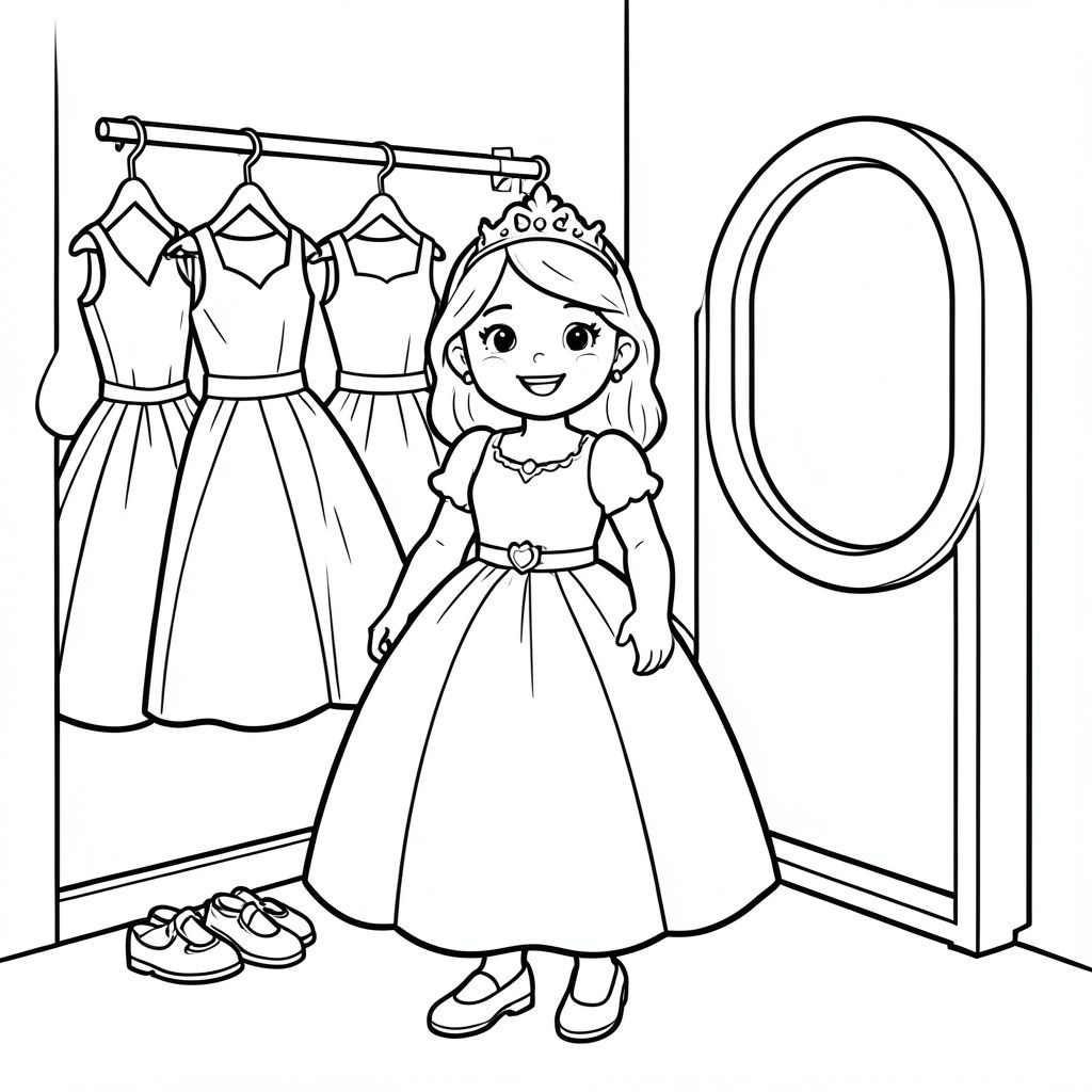 Prompt:
A princess standing in a simple dressing room with hanging gowns, shoes, and a mirror. Everything neatly arranged and minimal.

Style Rules (applied to every page):
Bold thick outlines
Simple background (no clutter)
One main character per page
Cute, happy, friendly expressions
Easy shapes for kids to color